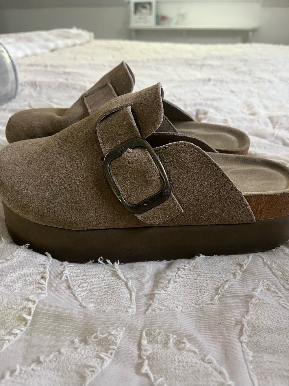 Platform Suede Slip-On Mule with Buckle in Taupe